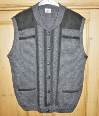 Hochwertige Walbusch Herren Strickweste, grau, mit Alcantarabesatz, Gr. 56