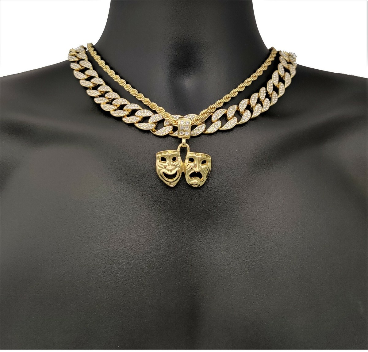 3PC Set, 16MM Plated CZ Cuban Link Rope Chain Laugh Now Cry Later  Pendant