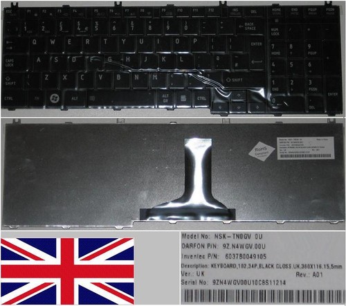 Clavier Qwerty UK pour Toshiba Satellite P300 P305 P305D Series - Noir Brillant / Black Glossy - Model: AETZ1E00010-EN, P/N: 9Z.N1Z82.00U. | Rakuten