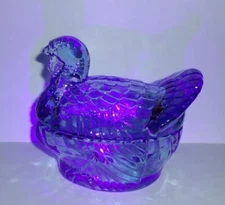 Wilkerson Glass Blue Glow Turkey Covered Candy Dish UV Reactive Glows Pink