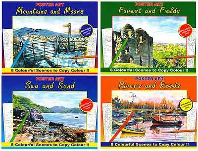 SET 4 ERWACHSENE FARBBÜCHER MEER, FELDER, FLÜSSE, BERGE, BLEISTIFTSTIFTE 3110 NEU