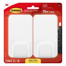Command Jumbo Double Hook: Heavy Duty Adhesive Hooks, 15 lb Capacity, White, 