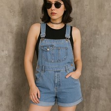 Vintage 90s Contemporary Casuals Denim Overall Shorts Bib Pocket Cuffed M