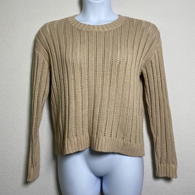 Cyrus Tan Open Knit Sweater Medium Coastal Grandma Minimalist Neutral Casual