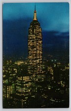 Vintage Empire State Building Night Plastichrome Postcard NYC Charles Cushing