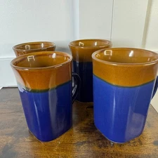 Royal Norfolk Coffee Mugs Set of 4 Two Tone Blue Brown Stoneware