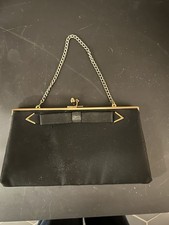 Vintage Black Satin Evening Purse With Gold Clasps And Gold Chain