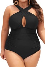 Women Plus Size Swimsuits Tummy Control Black Piece Bathing Suits Front Cross...
