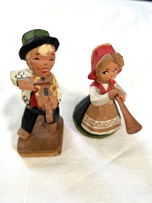 Vintage Henning  Wood Carved Hand Painted Girl Horn Boy Violin Norway Folk Art