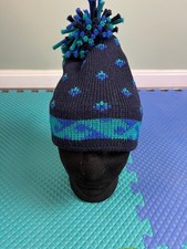 Lands End Wool Knit Pom Beanie Nordic Ski Hat Adult One Size Blue Made In USA