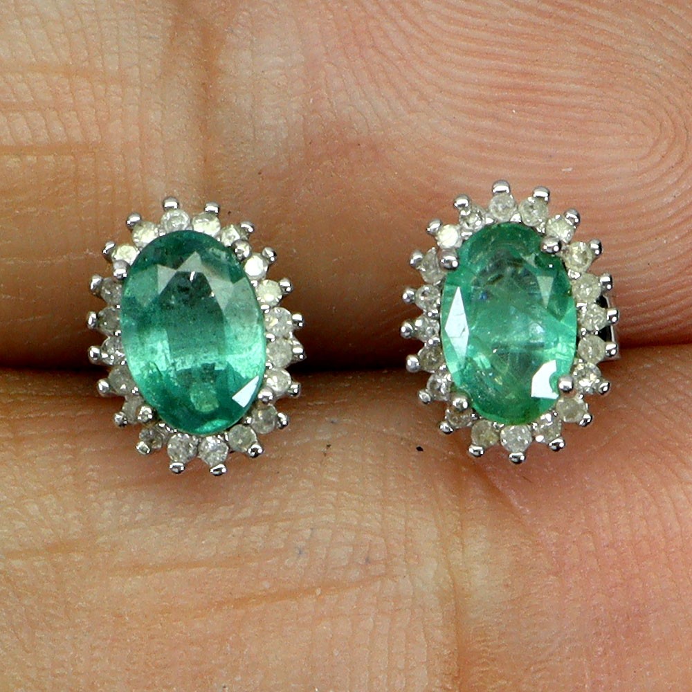 925 Sterling Silver Earrings Oval Emerald 6x4mm Diamond 40pcs Gemstone Jewelry