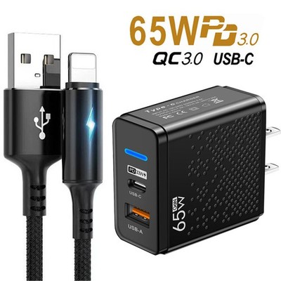 For iPhone 14 Pro Max 13 12 11 8PLUS 65W PD USB-C Fast Charger/Type-C Cable