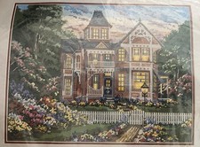 Vtg Janlynn Completed Needlepoint Pink Victorian House Gardens Unframed 13x17"