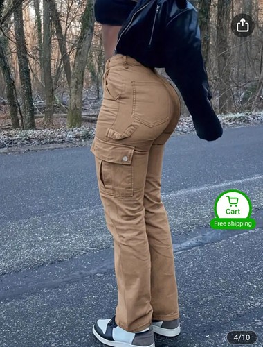Womens Cargo Trousers High Waisted Straight Leg Size S/M (10-12UK) Khaki Brown - Picture 4 of 10