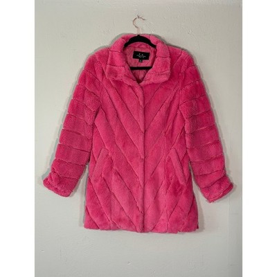 LA Coalition Hot Pink Faux Fur Chevron Coat Jacket Womens Medium Notch Lapel