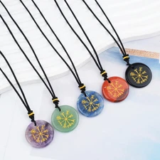 3PCS 30mm Gemstone Disc Pendant Necklace Adjustable Rope Craved Gold Pattern-AIM