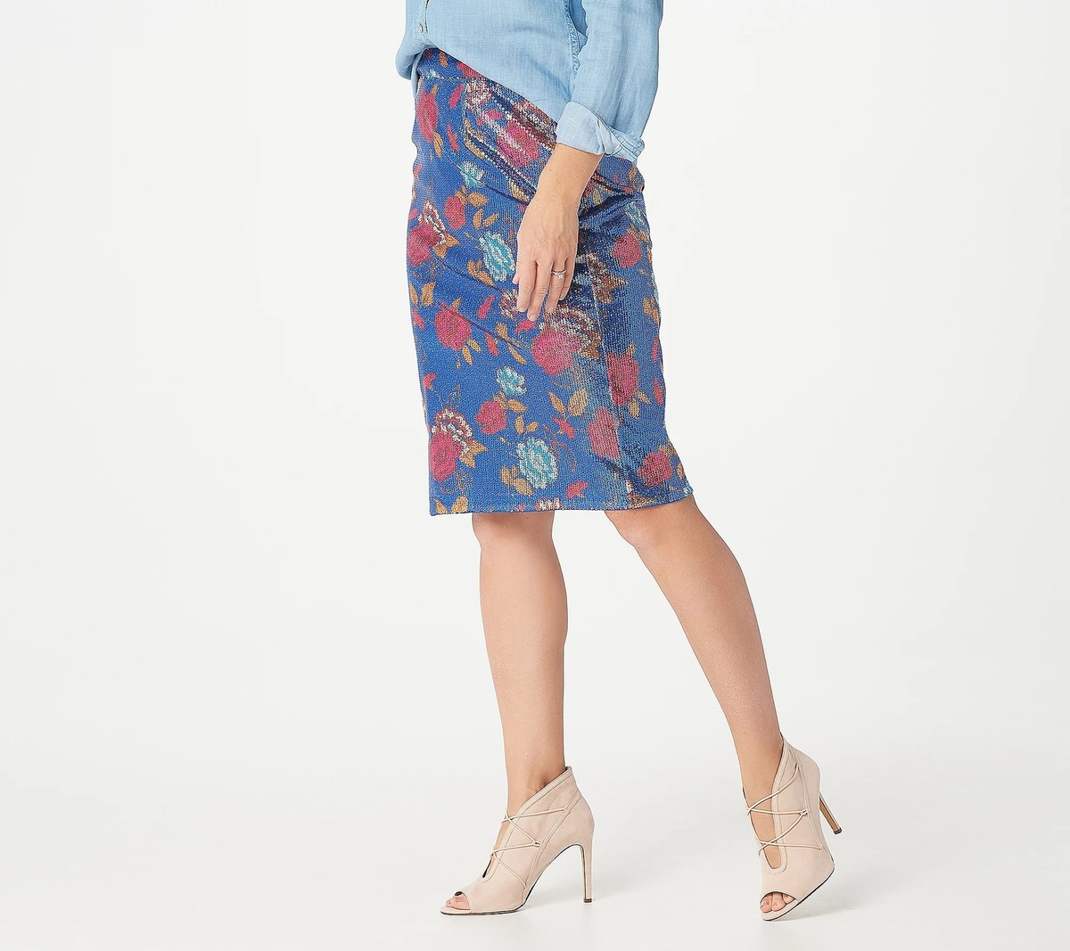 Never Fully Dressed Disc Sequin Midi Skirt Got It Love It Sequin Midi  Pencil Skirt Cobalt Floral 16