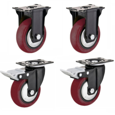 2 Fixed Direction + 2 Swivel Brake 4  Heavy Duty PU Swivel Plate Caster Wheels