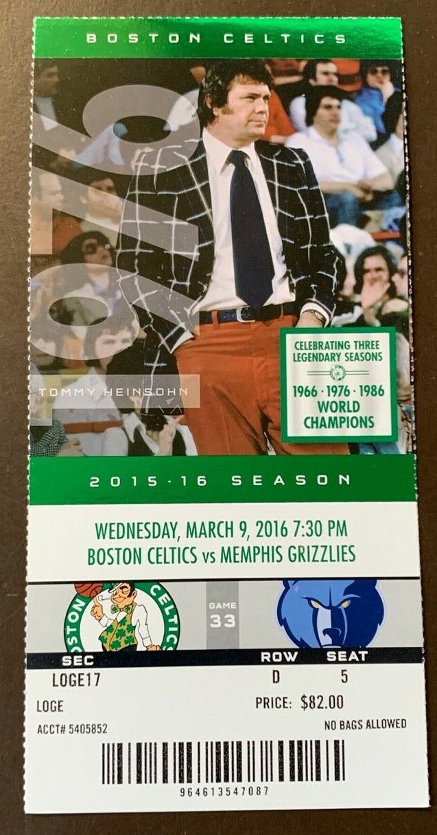 Boston Celtics 3/9/2016 NBA ticket stub vs Memphis Grizzlies