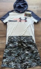 NWT Under Armour Boys YLG Blue/White Camouflage Hooded Shorts Set Large