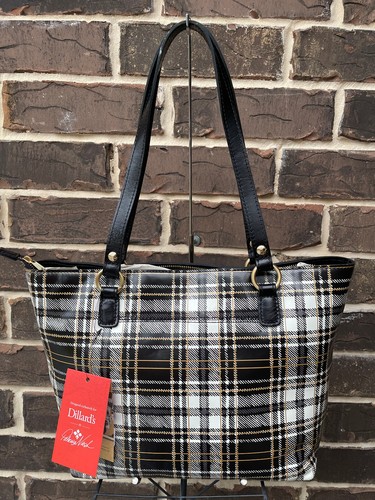 NWT Patricia Nash Lindsell Plaid Leather Tote Bag Leather Black White - Picture 3 of 8