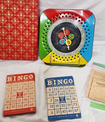 Metal Litho Tin Vtg Bingo Game Spinner Square No 1166 Pressman Toy Corp NY USA