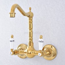 Gold Brass Wall Mounted Double Handles Bathroom Kitchen Sink Faucet Mixer Tap