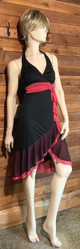 VINTAGE 1980s RUBY ROX BLACK SIZE MEDIUM HALTER DRESS with PINK TRIM #13928 - Picture 2 of 9