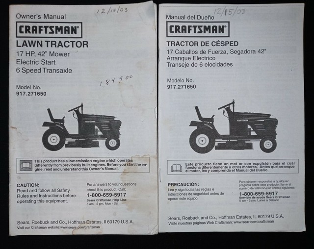 Sears Craftsman 20.5 HP Mower Tractor Manual 917.270850 for sale online