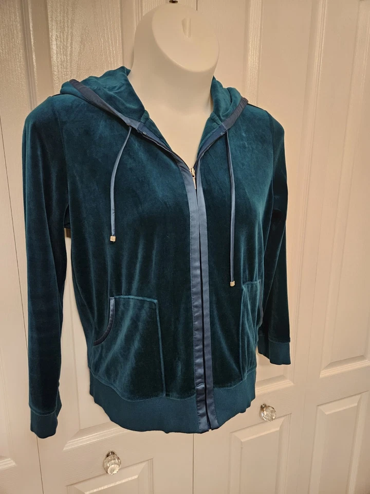 Liz Claiborne Women's XL Knit Velour Dark Teal Zip Up Hooded Hoodie Jacket - Image 3 of 4