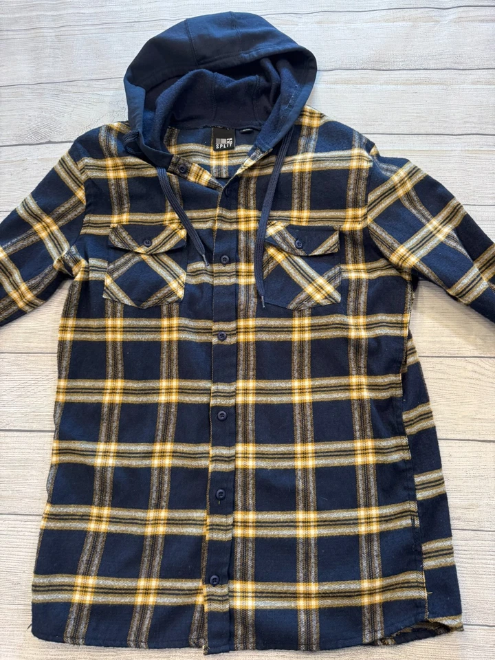 Split Hooded Flannel Shirt Mens Large Blue Plaid Everyday Outdoor Layering - Image 3 of 4