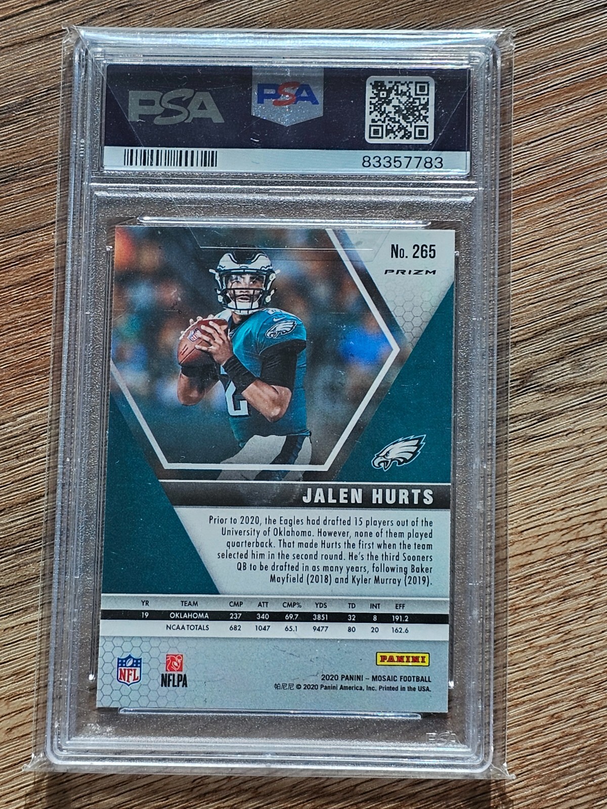 2020 Mosaic NFL Debut Jalen Hurts #265 Green Prizm Color Match (RC) Eagles PSA view 2