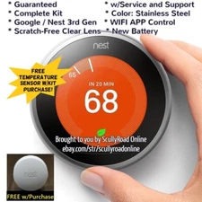 Google Nest 3rd Gen Thermostat Kit: Stainless Steel T3007ES w/FREE Temp Sensor