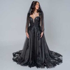 Black Wedding Dresses A-line Bridal Gown Gothic Retro Cubic Floral Sweep Train
