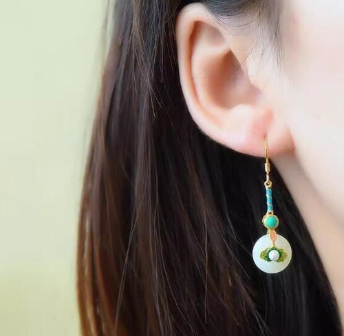White Jade Donut Earrings 18K Gold Plated Enamel Color Inlaid Pearl Earhook - Picture 6 of 6