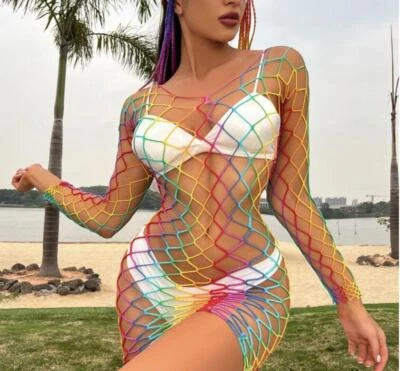 MARKENLOS Damen Netz Kleid Mini Regenbogen Clubwear GoGo Dessous Catsuit Strandkleid Party