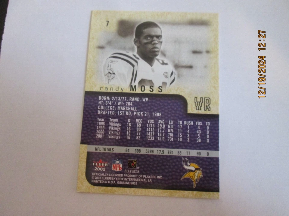 RANDY MOSS VIKINGS 2002 FLEER GENUINE  CARD #7 - Image 2 of 2
