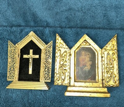Wooden Triptych. Traveling Catholic Gold Tone Table Alter.
