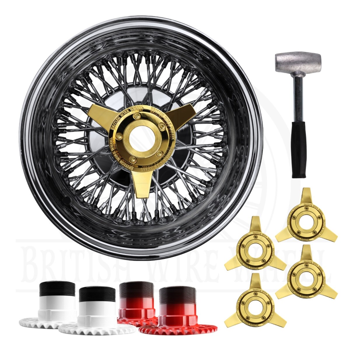 14x7 Rev 72 Spoke CL Wire Wheels + Zenith 3 Bar Gold KO +