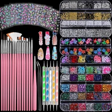 Nail Art Kit with Brushes Dotting Tools Charms Rhinestones Stickers Decoration S