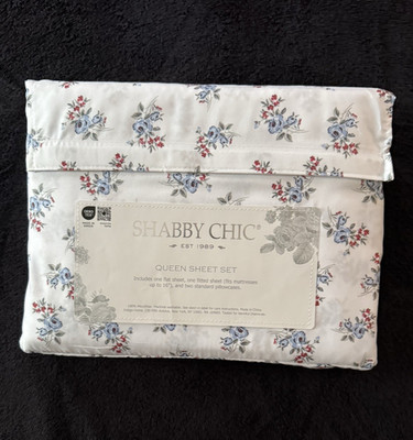 SHABBY CHIC QUEEN SHEET SET 4 PC. WHITE WITH BLUE RED FLOWERS ROSES NEW FLORAL