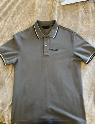 PRADA Men's Gray Solid Logo Polo Shirt Short Sleeve Collared Button Size M