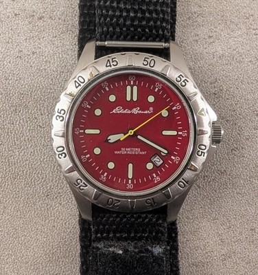 Eddie Bauer Men's Watch Red Dial Date Feature Black Hook & Loop Strap New Batt