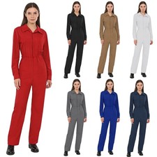 Womens Button Coverall Casual Solid Color Turn-Down Collar Long Sleeve Jumpsuit