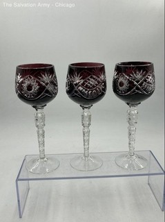Ruby Red Crystal Hungarian Barware Decorative Wine Glasses 3 Piece Set