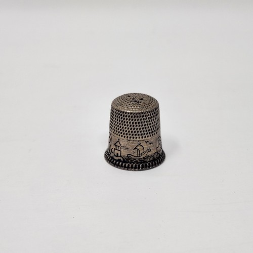 Vintage Sterling Silver Thimble by Waite Thresher - Water Town Scene # 9