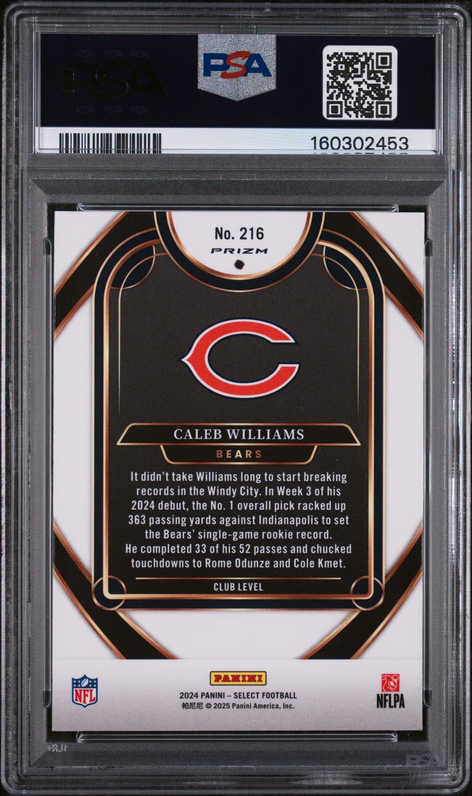 2024 Panini Select #216 Caleb Williams Red & Blue Shock PSA 10 view 2