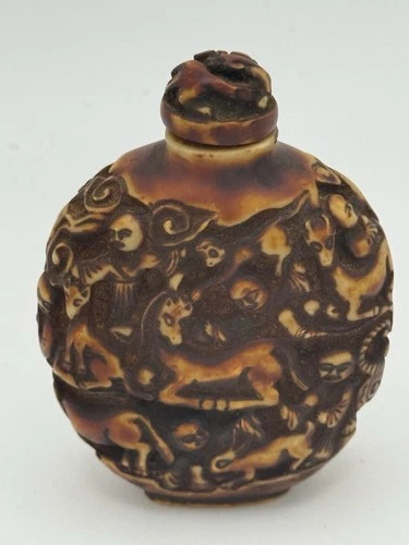 Chinese Bottle with Intricate Carved Decoration Mythical Creatures Vintage