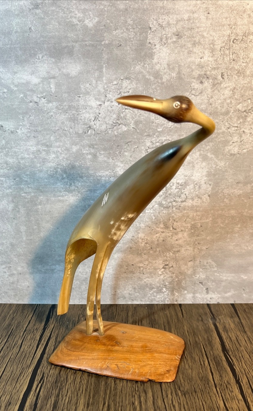 Vintage Hand Carved Natural Horn Bird Sculpture - Mid Century Modern Crane