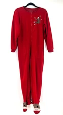 Nick & Nora Sock Monkey Footed Pajamas Red Fleece One Piece Jumpsuit Size S FLAW